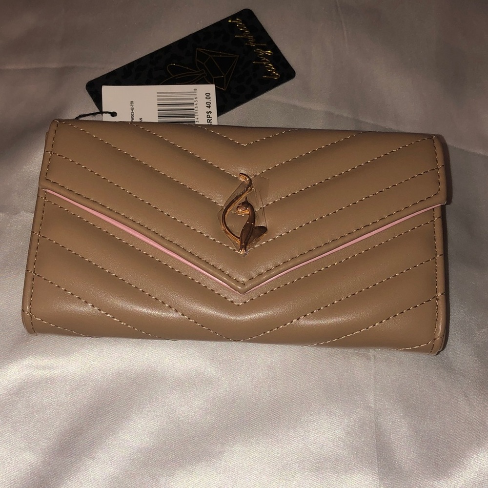Baby Phat Tan Faux Leather Quilted Chevron Flap Clutch Wallet Cat Logo NWT